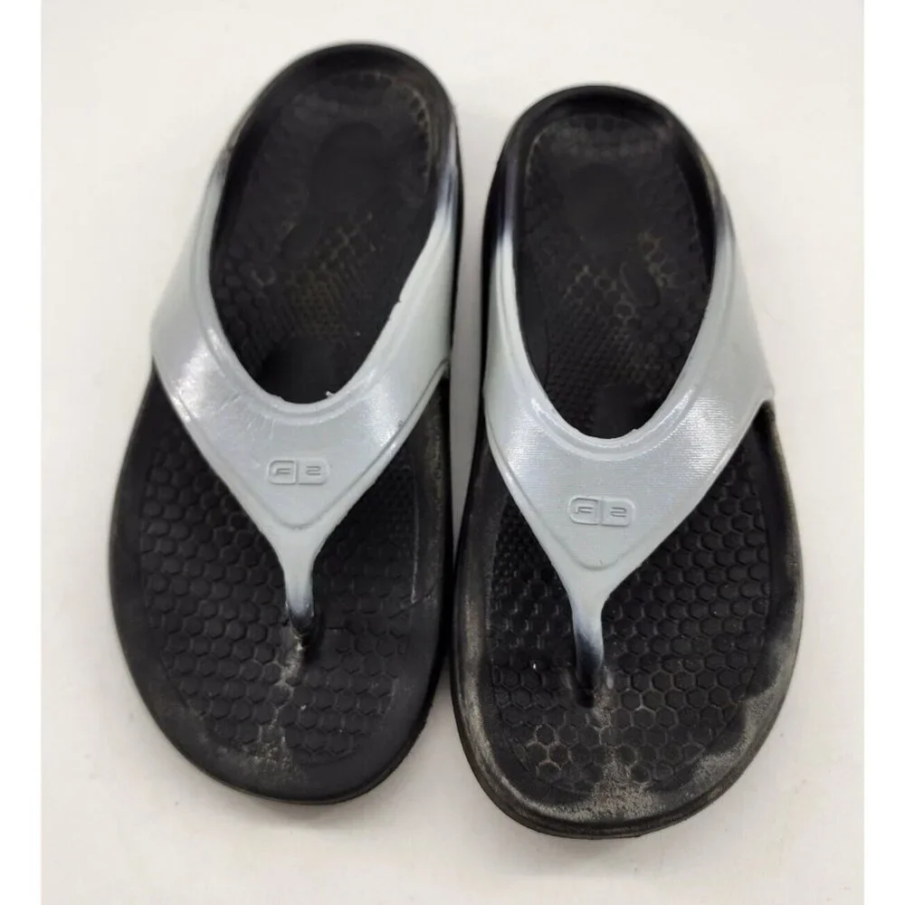 Spenco Fusion 2 Recovery Sandal Black Thong Flip Flop Blue/Silver Strap M 9 W 10